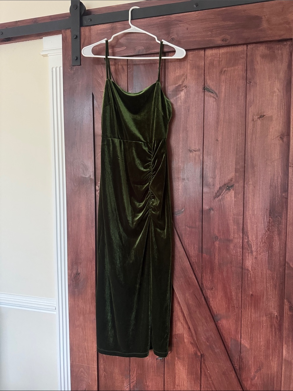 Taylor Olive Green Velvet Midi Slip Dress with Side Ruching